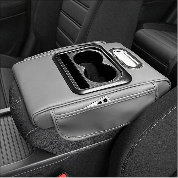 Car Center Console Armrest Pillow, 5-in-1 Armrest Cushion w/ 2 Side Bags, Tissue Box Slot, Cup & Phone Holder, Multifunctional Leather Auto Arm Rest Cover Storage Organizer (Gray, Normal)