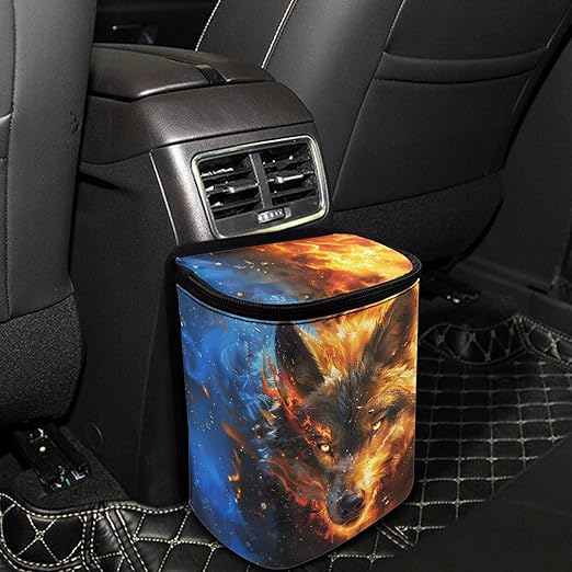 Fire Wolf Car Trash Can, Hanging Zipper Design Garbage Bin for Backseatnd Behind Center Console