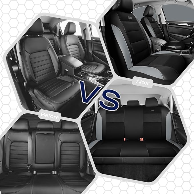 Skechers Aircooled & Memory Foam Seat Covers,Premium Leather with EVA Mesh Car Seat Covers,Seat Cover Full Sets,Airbag Compatible Automotive Comfort for Most Cars, Vans, Trucks, SUV,Grey