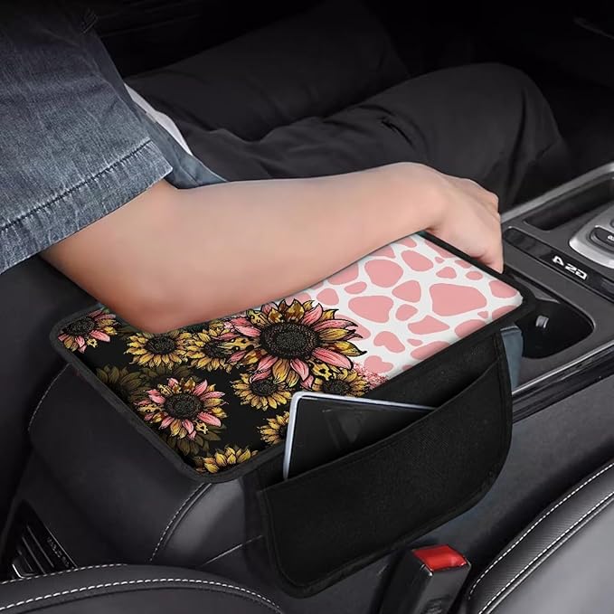 Dreaweet Sunflower Pink Cow Print Car Accessories Center Console Cover Cushion Pad,Car Armrest Cover with Side Pockets,Universal Fit Arm Rest Cover for Most Vehicles SUV Sedan