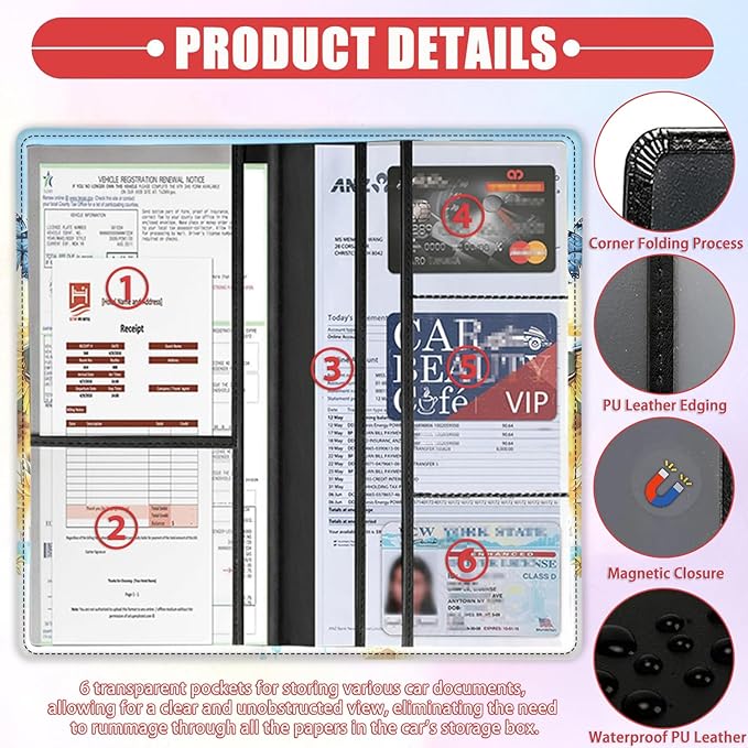 Car Registration and Insurance Card Holder for Women Men, Waterproof PU Leather Glove Box Car Organizer with Magnetic Shut, Vehicle Document Holder for Driver License,Cards, Cute Cow Sunflower