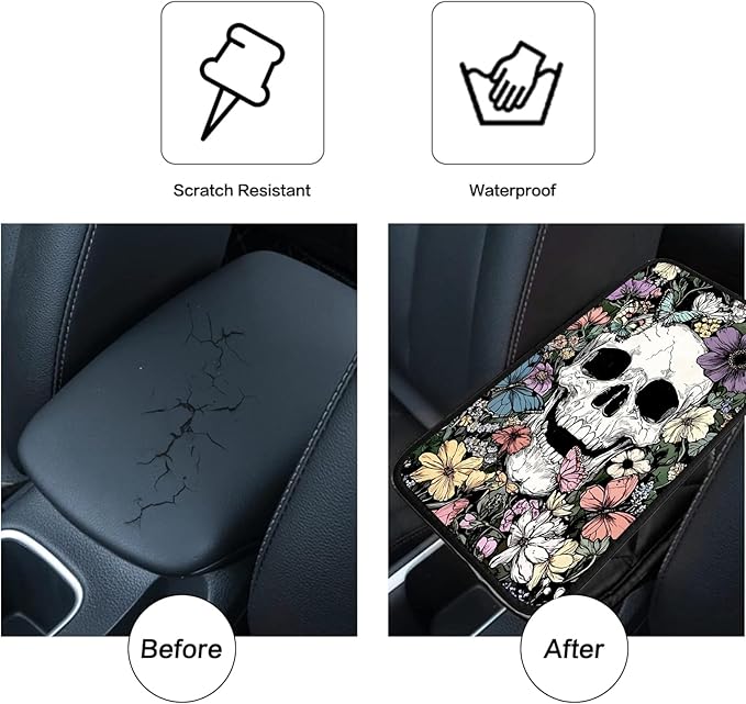 JANENFNA Car Armrest Cover Pads Universal Fashion Cute Auto Center Console Armrest Cover Pad with 2PCS Car Coasters Soft Waterproof Car Armrest Seat Protector for Women,Flower Bush Skull