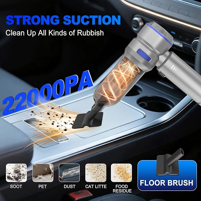 KedeeSparkle Handheld Car Vacuum Cleaner, 4-in-1 Cordless Vacuum Cleaner, 22000 PA High Power Portable Car Vacuum with Brushless Motor, for Home, Office, Camping (Silver Blue)