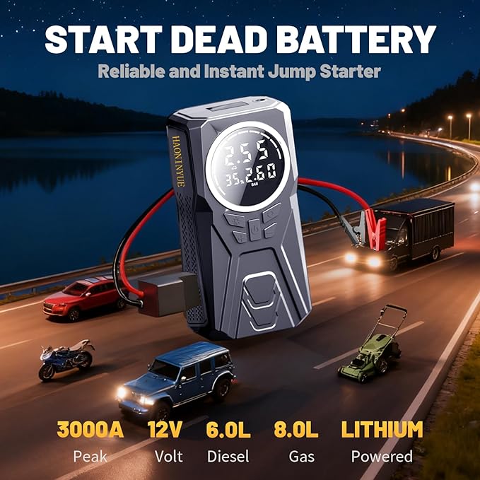 Car Jump Starter with Air Compressor,3000A Car Emergency Starting Power Supply,150PSI Tire Inflator Portable Compressor,battery jump starter,Portable Tire Inflator for Cars,Pickup Trucks,Bicycles,etc.