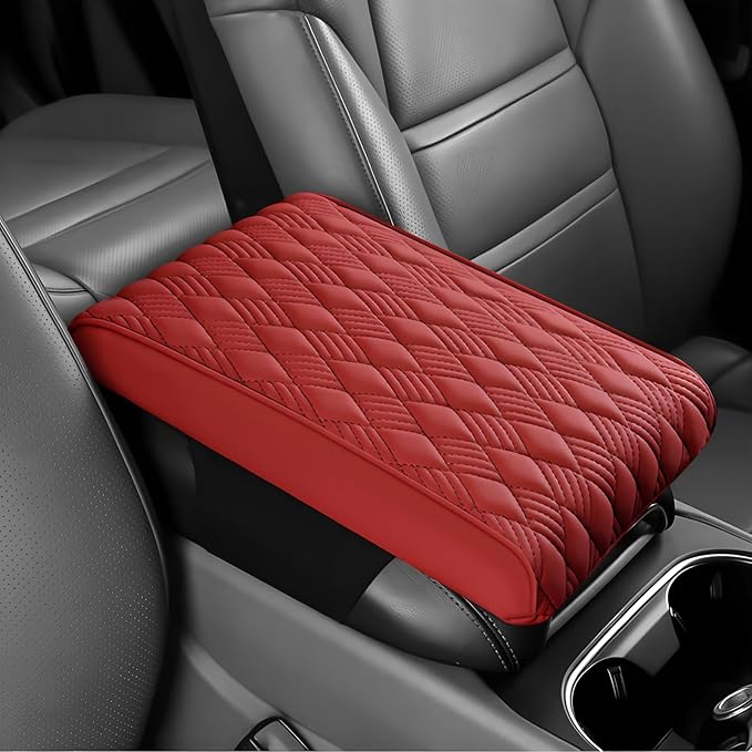 Car Center Console Cover, 12.6"×8.3"×2" Leather Car Armrest Cover, Soft Memory Foam Auto Armrest Cushion Pad, Vehicle Arm Rest Box Protector, Universal Interior Car Accessories (Wine Red)