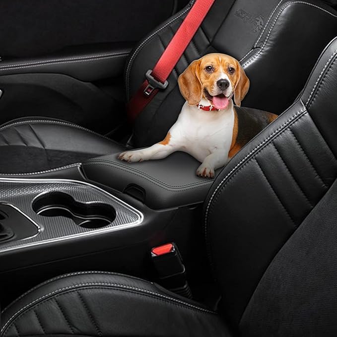 AOMSAZTO Console Armrest Covers for 2014-2023 2024-2026 Dodge Challenger Interior Accessories for Dodge Challenger Black with Black Stiches