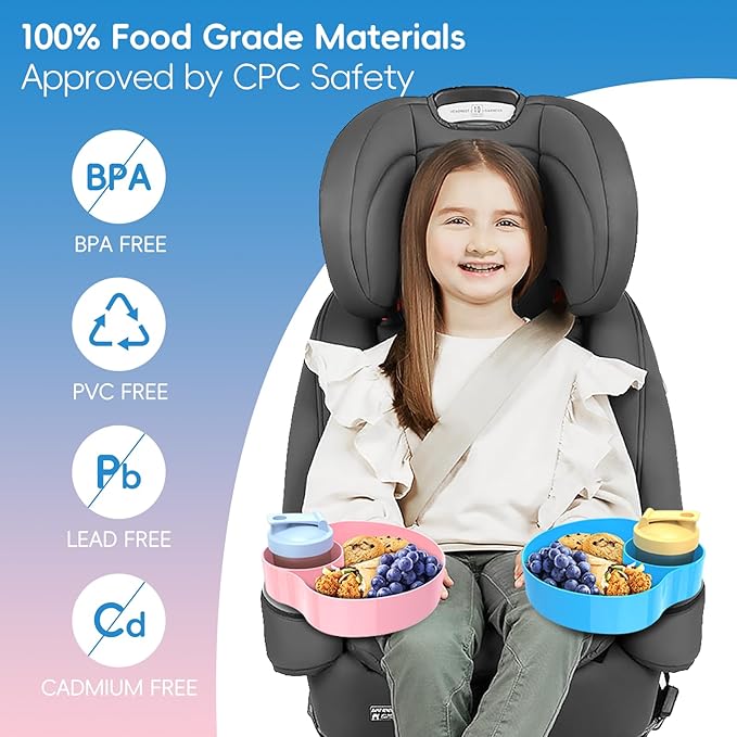 2PCS Resptasski Car Seat Cup Holder Snack Tray for Kids – Travel Tray for Car, Booster, Stroller, Outdoor Kit. Universal Adjustable Tray with Detachable Base for Snacks, Toys, Food (Sky Blue & Pink)