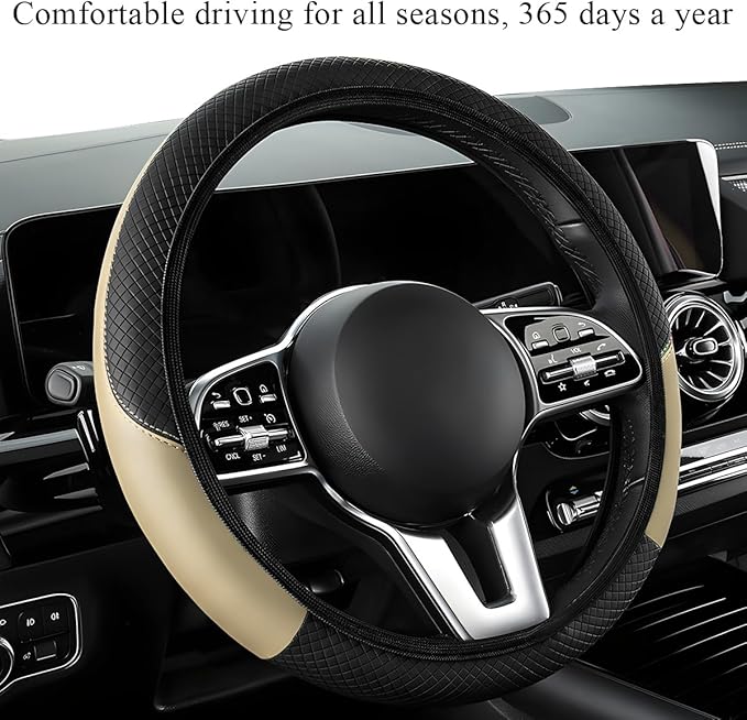 Elastic Car Steering Wheel Cover in Microfiber Leather Carbon Fiber, with Anti-Slip Lining, Interior Accessory (Beige, AD)