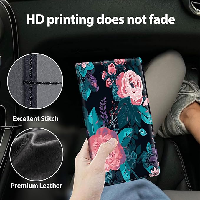 Mxfdegf Car Registration and Insurance Holder, Leather Car Glove Box Organizer, Cool Car Accessories for ID, Driver's License Cards & Essential Document,business cards,Men&Women,Pink Flowers