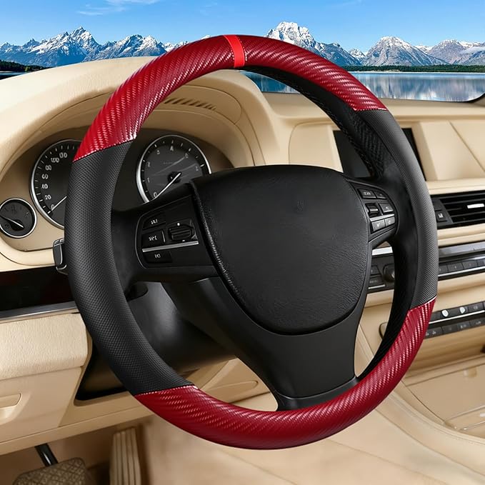 Black & Red Carbon Fiber Leather Steering Wheel Cover, Microfiber Leather, Anti-Slip, Breathable, Universal Fit for 14.5–15 in Steering Wheel Cover for Men Women