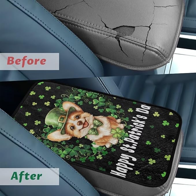 Bulopur St. Patrick's Dog Car Center Console Cover Protector Arm Rest Car Flannel Comfortable Auto Armrest Console Accessories Universal Fit Most Cars Women Men
