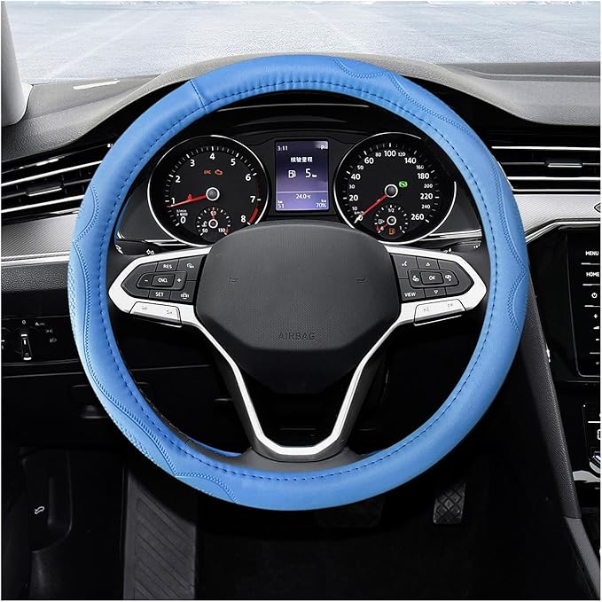 15 Inch Leather Steering Wheel Cover, Breathable Anti-Slip Steering Wheel Protector Cover, Elastic Soft Comfortable Universal Wheel Cover for Men and Women, Car Accessories (Blue)