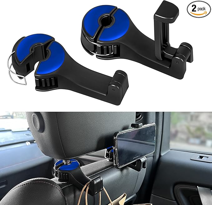 2PCS Car Headrest Hidden Hook, Bag Holder for Car, 2 in 1 Auto Seat Hooks with Phone Holder, 360° Rotation Adjustable Vehicle Back Seat Storage Hanger for Purses and Bags (Blue)