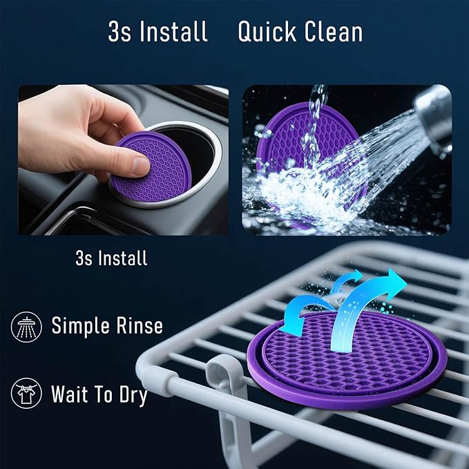 KULOLO Car Cup Holder Coaster 4 Pack - Non Slip & Shockproof,Flexible PVC Rubber Insert for Car/Truck/SUV/Van (2.75"x0.2") Universal Fit Auto Cup Holders Accessories for Women and Man (Purple)