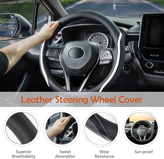 Muamos Steering Wheel Cover Black White, Carbon Fiber Car Steering Wheel Covers with Coasters Universal 14.5-15 inch Leather Microfiber Breathable Anti-Slip Steering Wheel Accessories Set