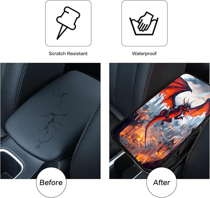 JANENFNA Car Armrest Cover Pads Universal Fashion Cute Auto Center Console Armrest Cover Pad with 2PCS Car Coasters Soft Waterproof Car Armrest Seat Protector for Women,Fire-Breaking Evil Dragon