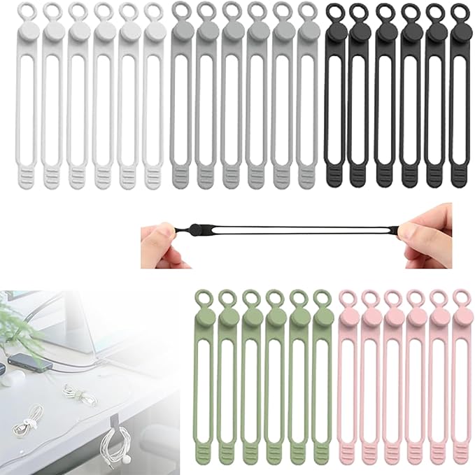 Silicone Cable Ties, Reusable Cable Management Organizer, Multipurpose Elastic Cord Organizer, 5Color, 30Pack