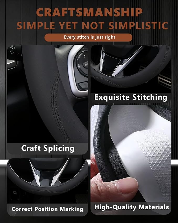 Leather Steering Wheel Cover for Honda Civic, 14.5-15 Inch Breathable Car Steering Wheel Protector, Premium Automotive Interior Accessories Compatible with Honda All Model (Black)
