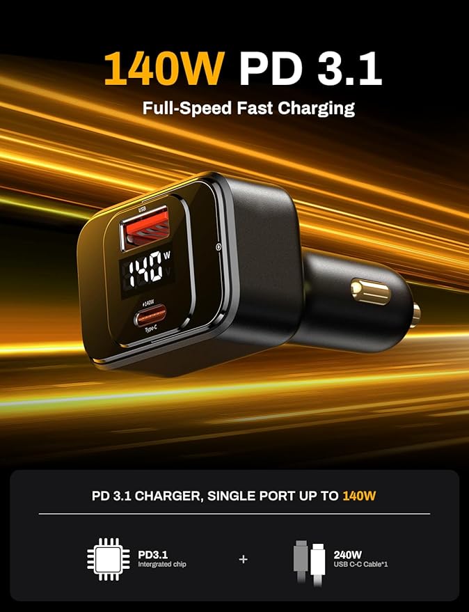 Degeca USB C Car Charger Fast Charging 170W, PD3.1 Single Type-C Port Max Output Power 140W Car Charger with Real-Time Display for MacBook, Laptop, iPhone 17/16/15, Samsung S25, Drone and More Black