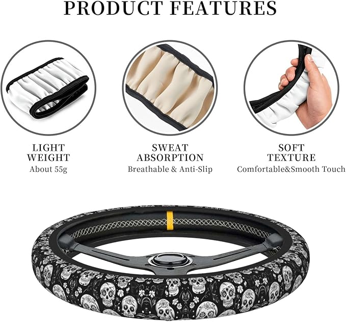 Skull Floral Flower Pattern Car Steering Wheel Cover, 15 Inch Steering Wheel Cover Stylish Decor for Most Cars