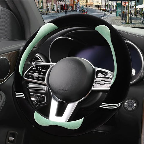 14 inch Furry Cute Steering Wheel Cover, Soft Fluffy Short Plush Auto Accessories, Non-Slip Cold-Proof Sweat-Proof Colorfast(Black with Green)
