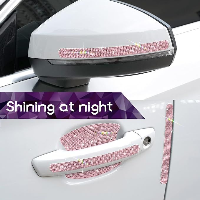 10PCS Car Door Handle Bling Rhinestones Stickers Universal Auto Door Handle Scratch Cover Guard Protective Film Pad with Safety Reflective Strips, Pink