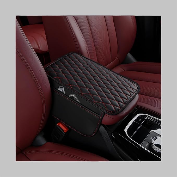 Car Center Console Cover, Waterproof Leather Arm Rest Cushion Pad with 2 Storage Bags, Anti-Scratch Armrest Seat Box Protector Interior Accessories for Most Vehicles (Black & Red)