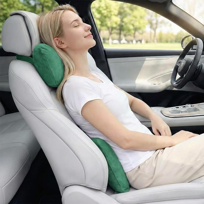 2PCS Car Pillow for Car Neck Pillow for Driving Seat Leather Neck Support Soft Cushion Back Support Head-Rests for Vehicle Sleeping with Elastic Adjustment Strap (Green, Head and Lumbar)
