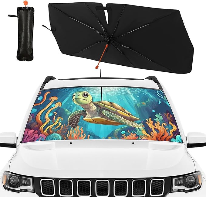 DOPINDU Turtle Car Windshield Sun Shade Umbrella Bendable Handle Foldable Funny Sunshade for Car Windshield Block UV Rays Keep Vehicle Cool for Most Sedans SUV Trucks Cars 57"x30"