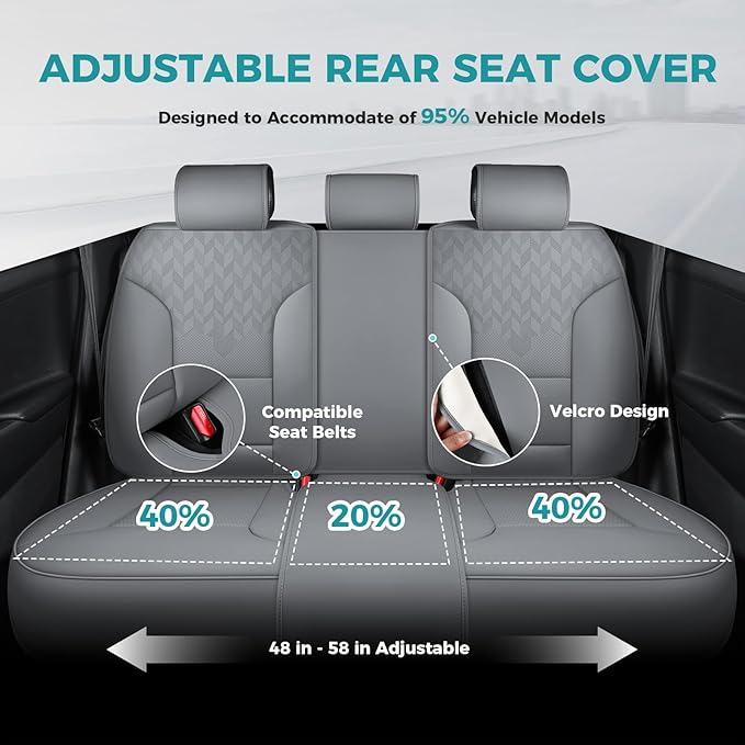 FEINEPRO Grey Car Seat Covers Full Set - Breathable Faux Leather Universal 5 Seat Covers for Cars, Automotive Protector Fit for Most Sedan SUV Pick-up Truck