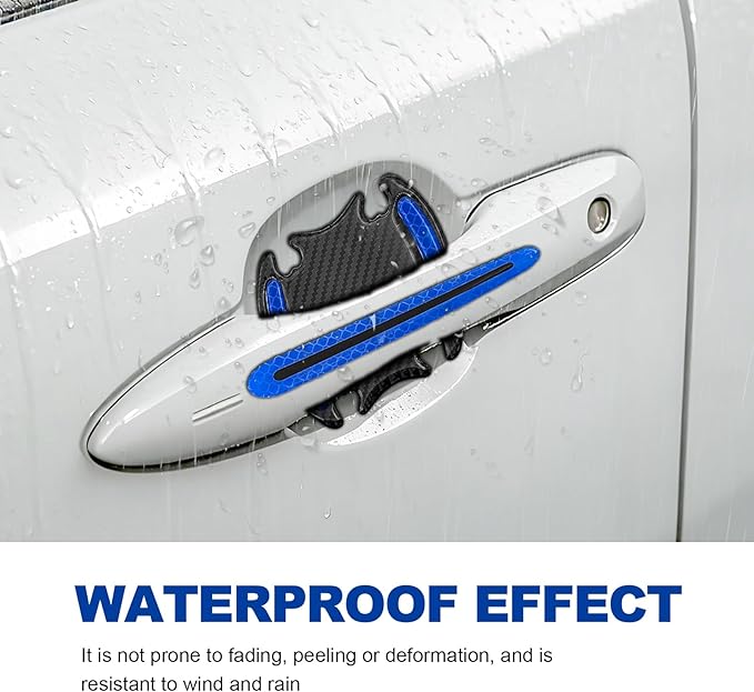 8PCS Universal Car Door Handle Protector Sticker - 3D Carbon Fiber Anti-Scratch Cover, Self-Adhesive & Non-Marking Reflective Safety Strips, Paint Protection Film (Blue)