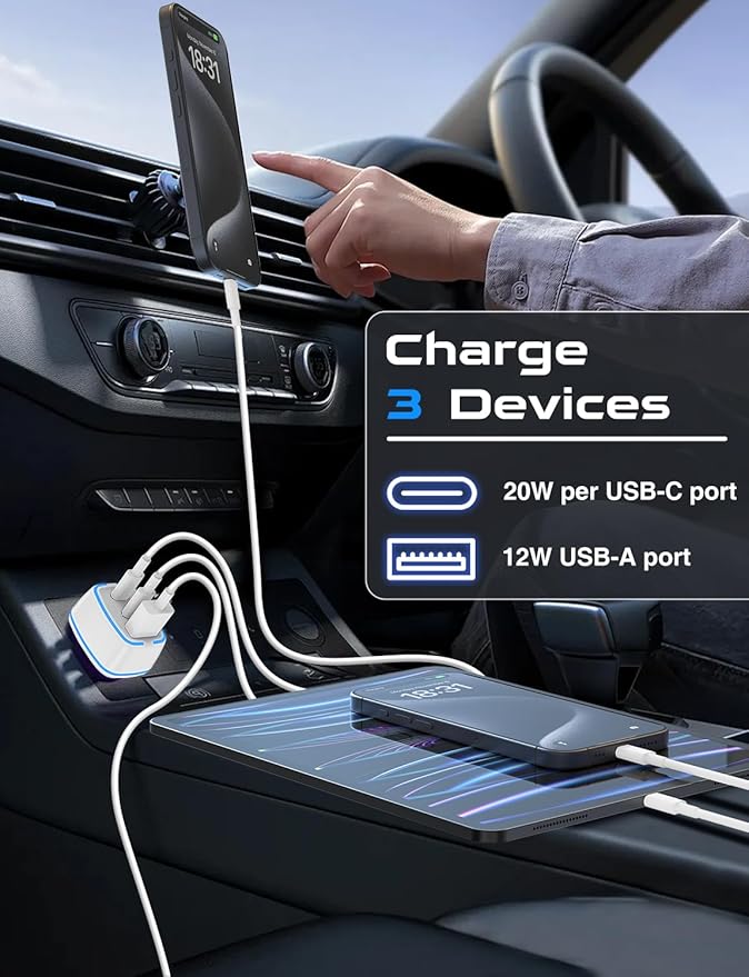 USB C Car Charger, 3 Port PD Super Mini Cigarette Lighter Adapter, 2Pack USB-C & A Fast Car Charging for iPhone 16/15 Pro Max, Galaxy S25/S24, iPad, Pixel, Android Phones,White