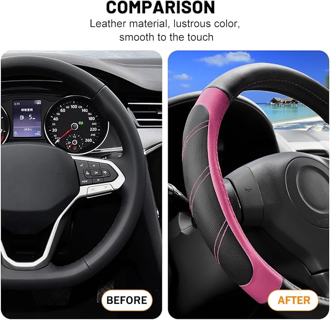 Car Steering Wheel Cover, 15 Inch Carbon Fiber Leather Non-Slip Steering Wheel Protector with Lining, Breathable Automotive Interior Accessories, Universal for SUV RV Truck (Pink)