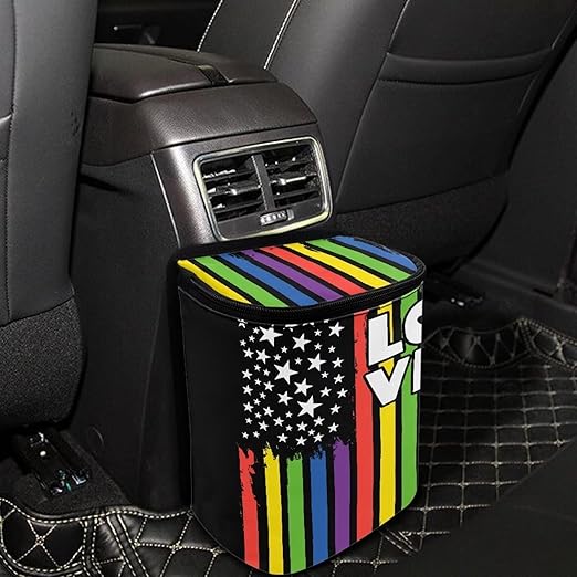 Colorful LGBT Flag Hanging Car Trash Bin for Vehicle SUV Truck，Leak Proof Vehicle Garbage Can with Lid，Washable and Adjustable Strap Trash Can for Back Seat/Console Armrest