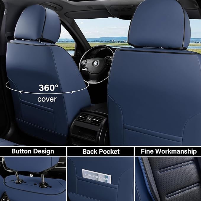 Coverado Car Seat Covers Full Set, Seat Covers for Cars, Waterproof, Leather Car Seat Cushion, Universal Car Interior Covers Seat Protectors for Most Cars Blue