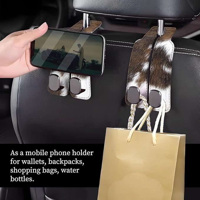 NUGGHU Car Seat Headrest Hook, Universal Leather Cute Hanger Holder Hook, Storage Organizer Interior Accessories for Purse Bags Handbag Brown White Cowhide