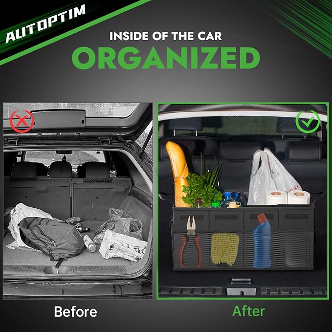 AUTOPTIM Car Trunk Organizer - 60L Collapsible Car Organizer with Non Slip Bottom for Groceries, Trunk Storage with Base Panel for SUV Sedan Van, 2 Compartments (Black, Large)