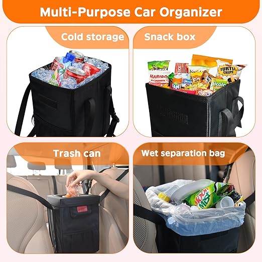 Leakproof Car Trash Can with Lid - 1.8 Gallon Soft Silicone Garbage Bin Hanging Fit for Entral Console/Front Seat Car, Sedan, SUVs, MPVs & Truck - Easy to Clean Vehicle Trash Can