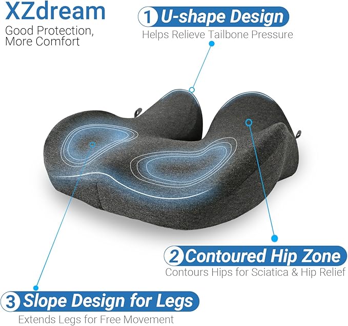 XZdream Memory Foam Seat Cushion,High Support Ergonomic Office Chair Cushion Thickened with Strap for Hip, Sciatica,Hemorrhoids,and Tailbone Pain Relief,Seat Cushion for Car,Home,Office