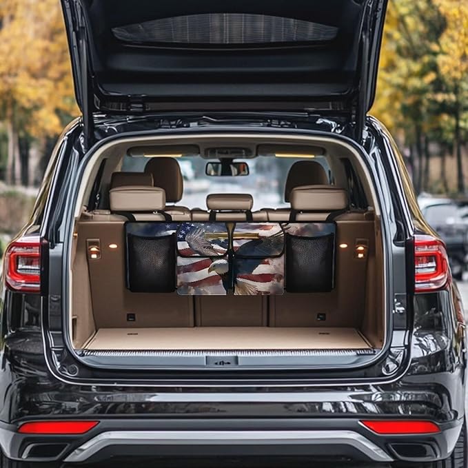Car Storage Organizer New Version, Hanging Trunk Organizer with 4 Functional Storage Bags, Car Trunk Storage Bag for SUV Truck MPV VAN,American Flag Eagle Cross Patriotic Religious