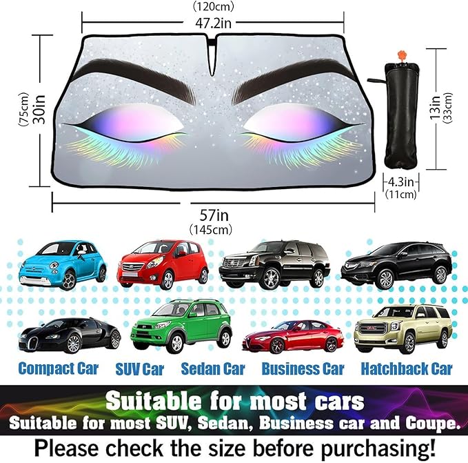 DOPINDU Eyelashes Car Windshield Sun Shade Umbrella with Bendable Handle Funny Eyes Eyelash Sunshade for Car Front Window Block UV Rays Foldable Sun Visor for Most Cars Trucks SUV 57"x30"