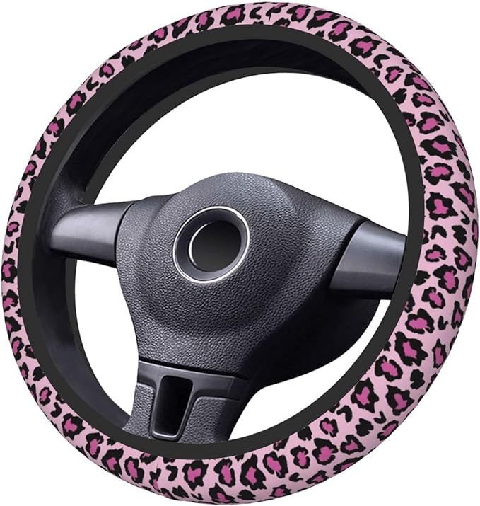 Pink Leopard Print Elastic Steering Wheel Cover, Non-Slip Breathable Neoprene Steering Wheel Covers, Women Pink Car Accessories, Universal 15 Inch Fit Auto, Suvs, Truck