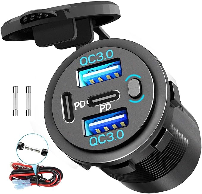 Quad-Port 12V USB Outlet with Switch & LED - 78W Dual QC3.0 & Dual PD3.0 USB C Car Charger Socket for RV Motorcycle Marine Truck Golf Cart Boat Accessories