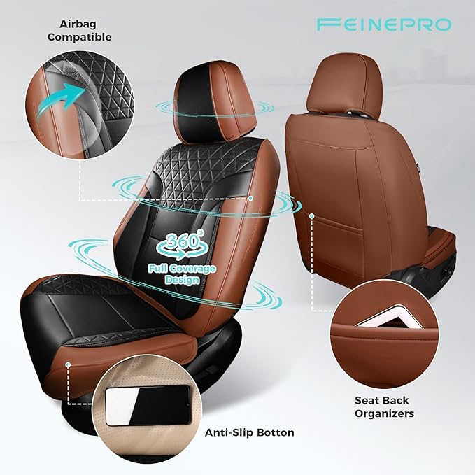 FEINEPRO Brown and Black Car Seat Covers Only Front 2pc - Breathable Faux Leather Universal Seat Covers for Cars, Automotive Protector Fit for Most Sedan SUV Pick-up Truck