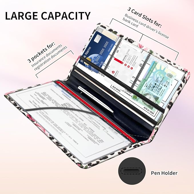 BAUCIWLD Premium Car Registration and Insurance Card Holder, Cute PU Leather Car Document Holder, Vehicle Glove Box Car Organizer with Magnetic Closure for Driver License, Cards Leopard Rose