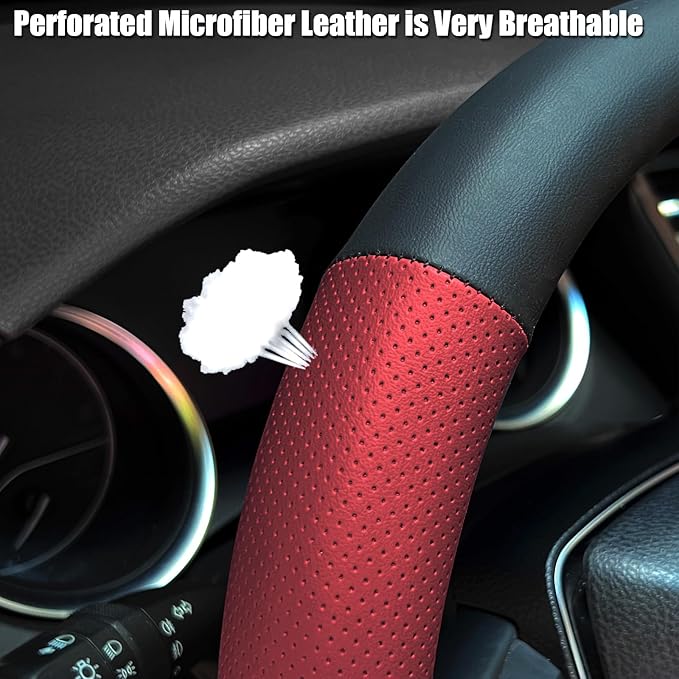 Mihecor Steering Wheel Cover Standard Size 14.5-15 inch, Non-Slip Car Wheel Cover Protector, Breathable Microfiber Leather, Black and Red