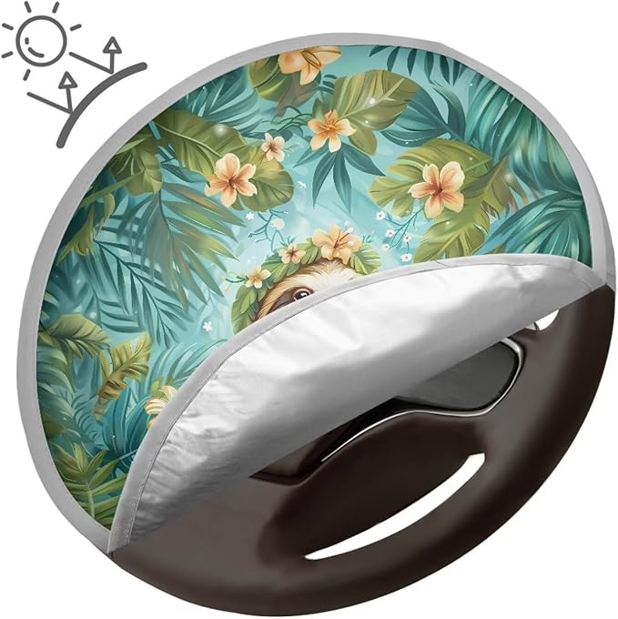 Floral Sloth Leaf Pattern Universal Steering Wheel Sun Shade Fit Most Car Truck SUV Van Block UV Rays Steering Wheel Sun Cover Car Rudder Visor Steering Wheels Accessories