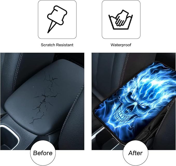 JANENFNA Car Armrest Cover Pads Universal Fashion Cute Auto Center Console Armrest Cover Pad with 2PCS Car Coasters Soft Waterproof Car Armrest Seat Protector for Women,Blue Flame Skull ABC