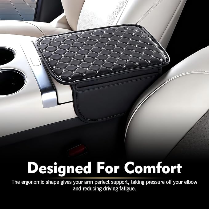 Car Center Console Cover, Leather Waterproof Armrest Cover Protector with 2 Side Storage Bags, 7.87" x 11.8" Comfort Anti-Slip Armrest Seat Box Pad, Universal for Most Cars (Black)