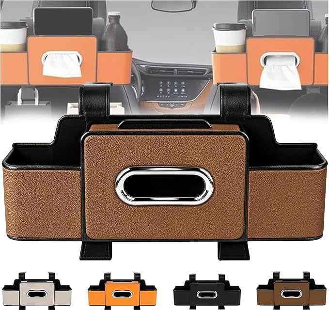 4-in-1 Car Backseat Organizer, Multifunctional Car Seat Back Storage Box with Cup Holder Headrest Hook, Universal Cars Organizer Back Seat for Hold Phone,Snacks, Drinks, Handbag (Brown)